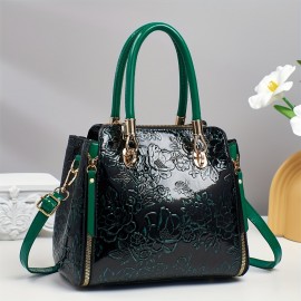 Vintage Floral Print PVC Women's handbag with Adjustable Crossbody/Handheld Strap, Golden-Tone Hardware & Zipper Closure - Black & Golden, Wrist Strap Included, Polyester Lining for Casual & Formal Events, Fashion Accessory, Retro Bucket Bag