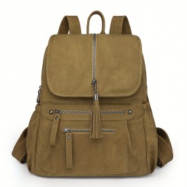 [Vintage Bag] Brown Faux Leather Vintage-Inspired Women's Shoulder Bag with Adjustable Strap | Multiple Pockets, Zipper Closure, Casual Style, Durable Zippers