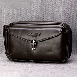 Men's Genuine Leather Handbag - Large Capacity Luxury Brown Cowhide Clutch with Golden-Tone Hardware, Top Handle & Zipper Closure, Spacious Interior for Business, Travel, Everyday Use - Durable & Stylish Men's Wallet & Organizer Bag