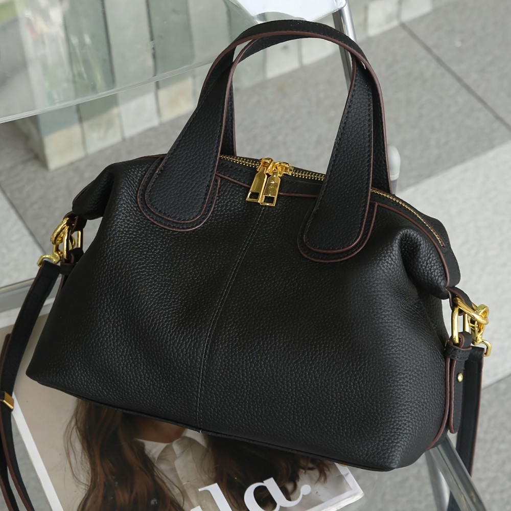 Wo 's Genuine Leather handbag - French Cow Full-Grain /Black Handbag with Golden-Tone Hardware, /Korean-Inspired Elegant Shoulder Purse, Wrist Strap & Zipper Closure for, Travel, Everyday (Luxury Handbag)