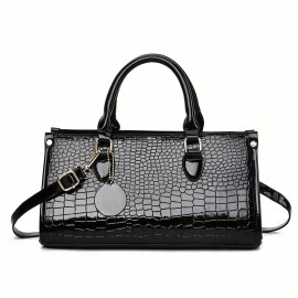Glossy Crocodile-Embossed Women's Handbag - Convertible handbag & Crossbody Purse with Adjustable Strap, Golden-Tone Hardware & Zipper Closure, Durable Painted Black/Khaki/Coffee/Gray/White/Red/Wine Red/Blue, Stylish Women's Accessory