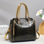 Vintage Floral Print PVC Women's handbag with Adjustable Crossbody/Handheld Strap, Golden-Tone Hardware & Zipper Closure - Black & Golden, Wrist Strap Included, Polyester Lining for Casual & Formal Events, Fashion Accessory, Retro Bucket Bag